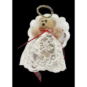 Vtg Wang's International Tan Teddy Bear Plush Angel Lace Ribbons Ornament